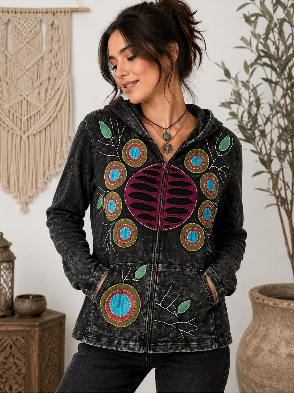 Rising International Hoodie Nepal Boho Applique Embroidered Zip Wearable Art